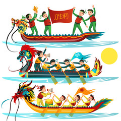 Dragon boat colorful flat set vector illustration