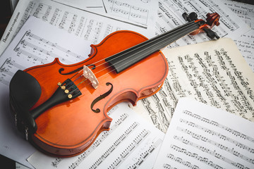Naklejka na ściany i meble the violin lies on scattered notes