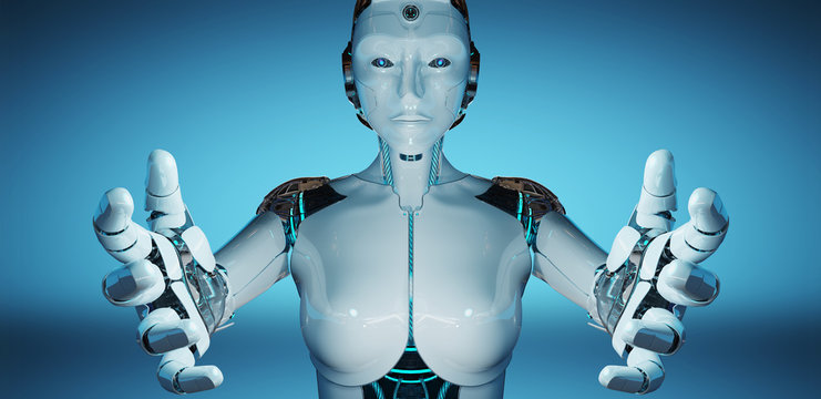 White woman cyborg opening her two hands 3D rendering