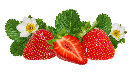 Fresh strawberry with leafs and flowers isolated on white background with clipping path