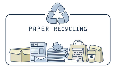 Paper recycling illustration with trash and lettering. Linear style vector illustration. EPS10