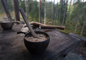 Blueberries and porridge breakfast while camping in the woods