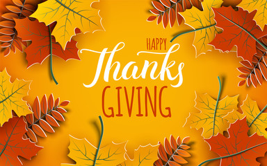 Happy Thanksgiving holiday 3d banner with congratulation text. Autumn tree leaves frame, yellow background. Autumnal design for fall season greeting card, paper cut out art style, vector illustration