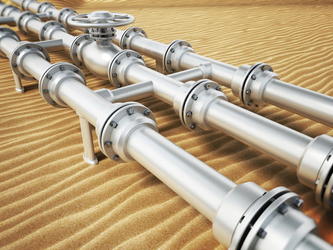 Oil pipeline on desert sand. 3D illustration