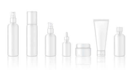 Mock up Realistic Glossy White Cosmetic Soap, Shampoo, Cream, Oil Dropper and Spray Bottles Set for Skincare Product Background Illustration