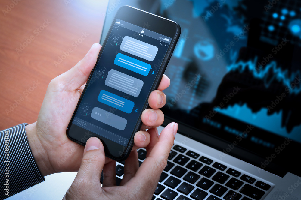 Poster Chatbot conversation with smartphone screen app interface and artificial intelligence technology processing virtual assistant with customer support information, business hand holding mobile phone.