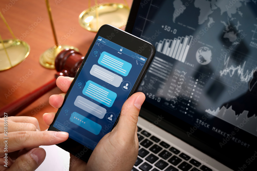Aufkleber Chatbot conversation with smartphone screen app interface and artificial intelligence technology processing virtual assistant with customer support information,Lawyer hand holding mobile phone.
