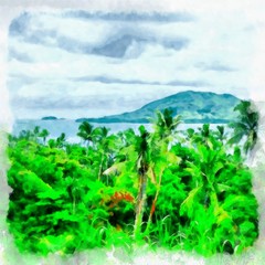 Oil painting. Art print for wall decor. Acrylic artwork. Big size poster. Watercolor drawing. Modern style fine art. Beautiful  tropical exotic landscape. Paradise. Resort view. Tropical mix.