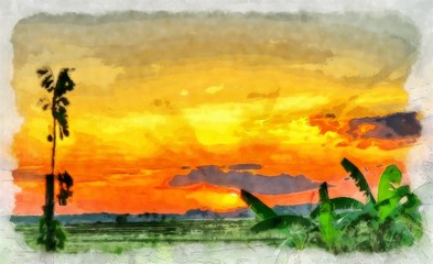 Fototapeta na wymiar Oil painting. Art print for wall decor. Acrylic artwork. Big size poster. Watercolor drawing. Modern style fine art. Beautiful tropical exotic landscape. Paradise. Resort view. Charming sunset.