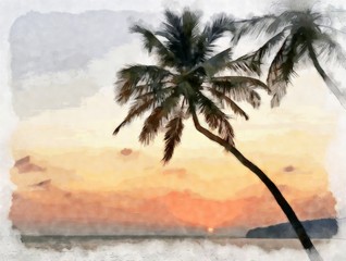 Oil painting. Art print for wall decor. Acrylic artwork. Big size poster. Watercolor drawing. Modern style fine art. Beautiful  tropical exotic landscape. Paradise. Resort view. Exotic sunset. Palms.