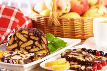 Dessert chocolate salami. Biscuit cake with marmalade.