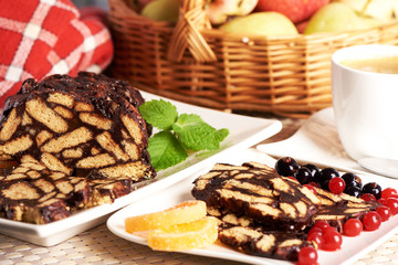 Dessert chocolate salami. Biscuit cake with marmalade.
