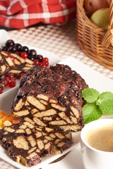 Dessert chocolate salami. Biscuit cake with marmalade.