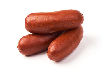Smoked sausages, isolated on white background. Bratwurst.