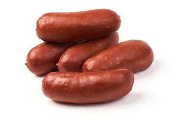 Smoked sausages, isolated on white background. Bratwurst.