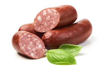 Smoked sausages with basil herb, isolated on white background.