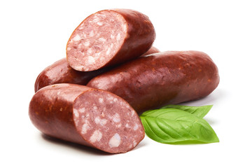 Smoked sausages for grill with basil herb, isolated on white background.