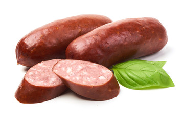 Smoked sausages for grill with basil herb, isolated on white background.