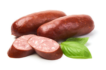 Grill sausages with basil herb, isolated on white background.