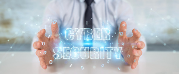 Businessman using cyber security text hologram 3D rendering