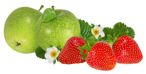 Fresh strawberries and apples with leafs and flowers isolated on white background with clipping path