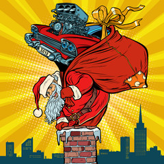 retro racing car. Santa Claus with gifts climbs into the chimney