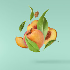 Flying fresh ripe peach with green leaves isolated