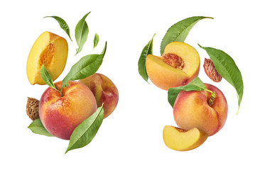 Fototapeta na wymiar Set with peaches, exclusive collage with flying peaches. High resolution image