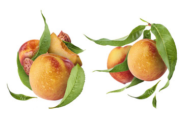 Set with peaches, exclusive collage with flying peaches. High resolution image