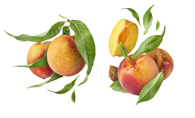 Set with peaches, exclusive collage with flying peaches. High resolution image