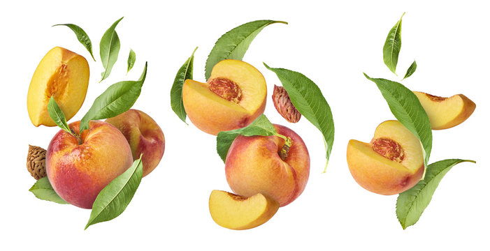 Set with peaches, exclusive collage with flying peaches. High resolution image