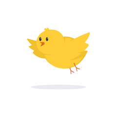 Cute yellow chick vector flat illustration of a flying bird isolated on white background.