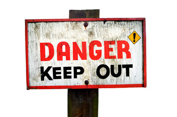 Danger keep out wooden sign panel isolated on a white background