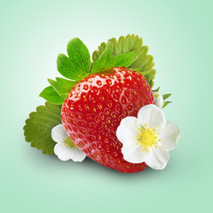 Fresh juicy strawberry with green leaves isolated