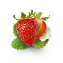 Fresh juicy strawberry with green leaves isolated