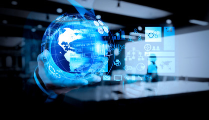 businessman hand showing texture the world with digital social media network diagram concept