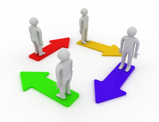 People Standing On Color Arrows . 3d rendered illustration