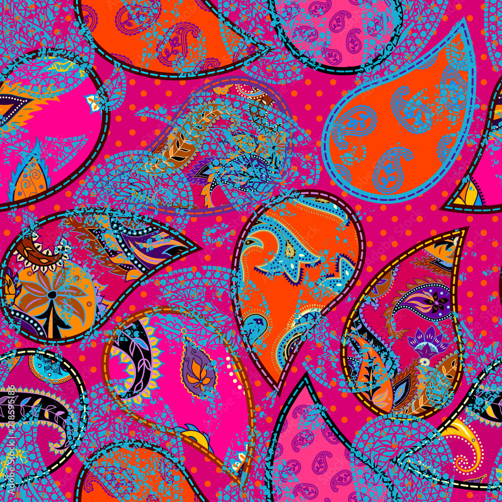 Poster Seamless background pattern. Patchwork pattern with Paisley ornament patterns. Bright magenta and orange colors. Ethnic indian style.