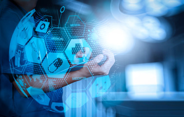 Health care and medical services concept with world or global form and AR interface.