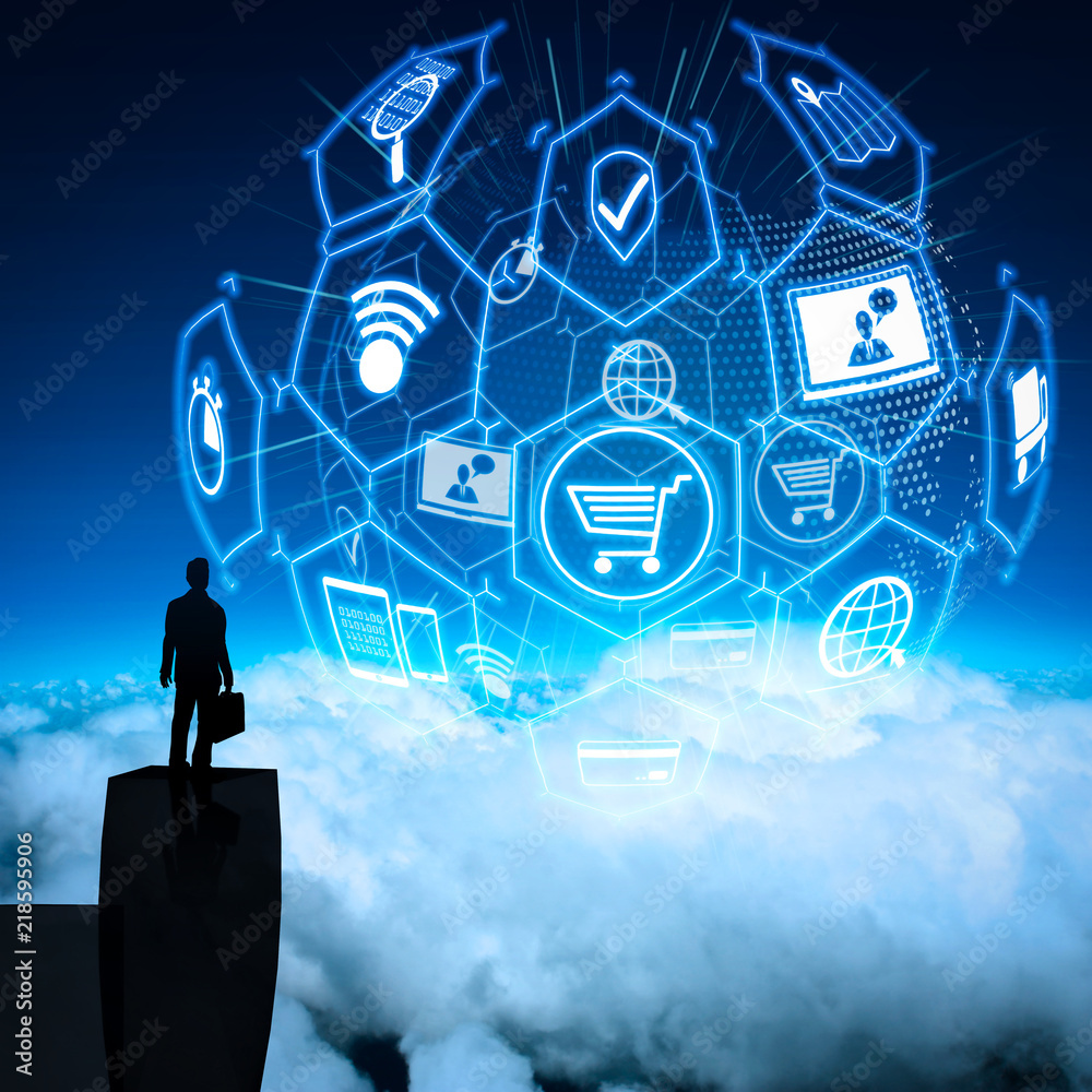 Poster e-commerce concept with vr digital interface with icons of shopping cart and delivery truck and cred