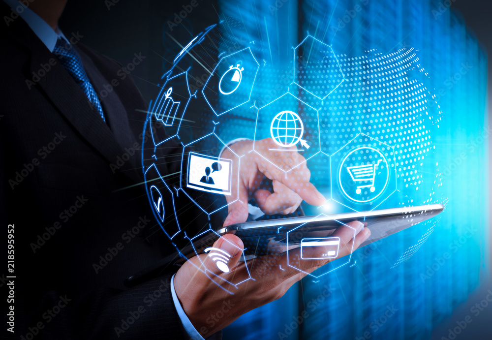 Poster E-commerce concept with VR digital interface with icons of shopping cart and delivery truck and credit card with symbol of online purchase on internet.
