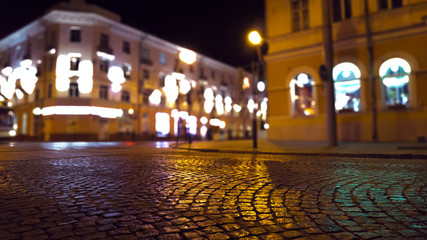 Night old city, neon light.