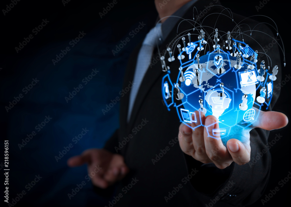 Poster e-commerce concept with vr digital interface with icons of shopping cart and delivery truck and cred