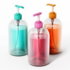 Colored soap bottles isolated on white background. 3D illustration