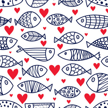 Lovers of fish. Cute vector line seamless pattern. Endless pattern can be used for ceramic tile, wallpaper, linoleum, textile, web page background.