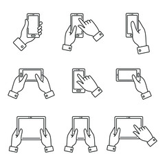 Hand holding smartphone and tablet: thin vector icon set, black and white kit