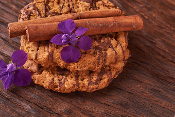 cookies and spring blue flowers Healthy morning breakfast concept. Minimalist. selective focus
