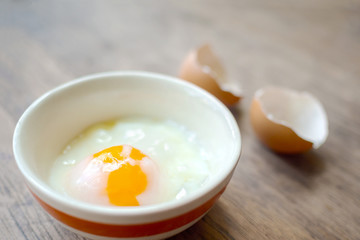 Onsen tamago egg or soft-boiled egg in traditional Japanese with copy space
