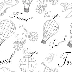 Pattern travel, with different means of transportation and inscriptions