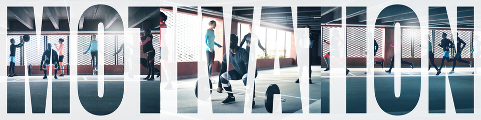 Fototapeta premium Collage of fit people working out together in a gym
